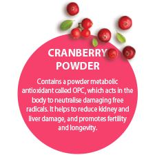 CRANBERRY POWDER. Contains a powder metabolic antioxidant called OPC, which acts in the body to neutralise damaging free radicals. It helps to reduce kidney and liver damage, and promotes fertility and longevity.