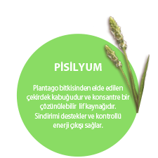 PİSİLYUM. Plantago bitkisinden elde edilen çekirdek kabuğudur ve konsantre bir çözünülebilir lif kaynağıdır. Sindirimi destekler ve kontrollü enerji çıkışı sağlar.